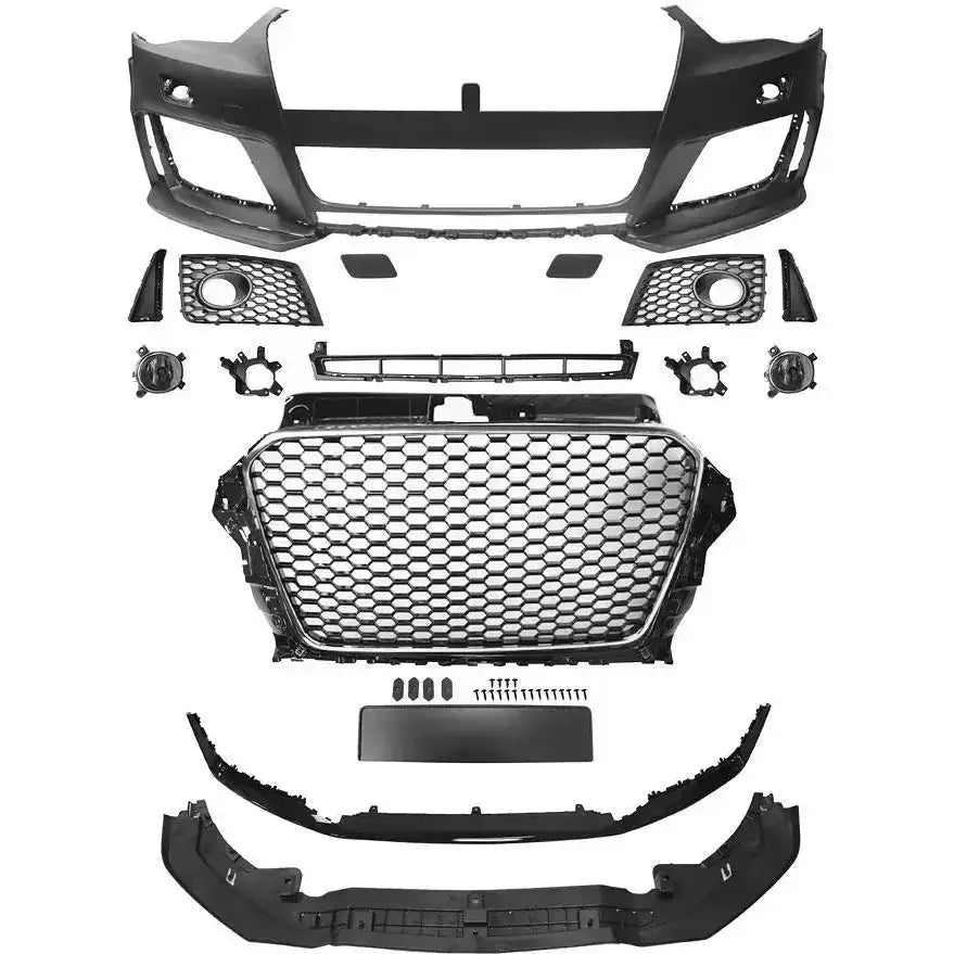 Sideprofilvisning av RS3-design støtfanger til Audi A3 8V som viser dybde, linjer og sort krom-finish
