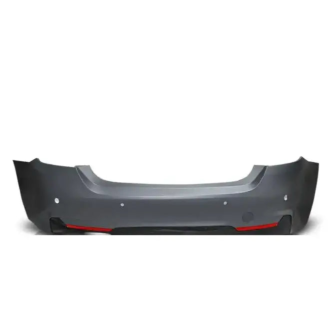 Bakre støtfanger Bmw F32/F33 M-Tech Style PDC i mørk grå plast med sensorer og røde reflekser.