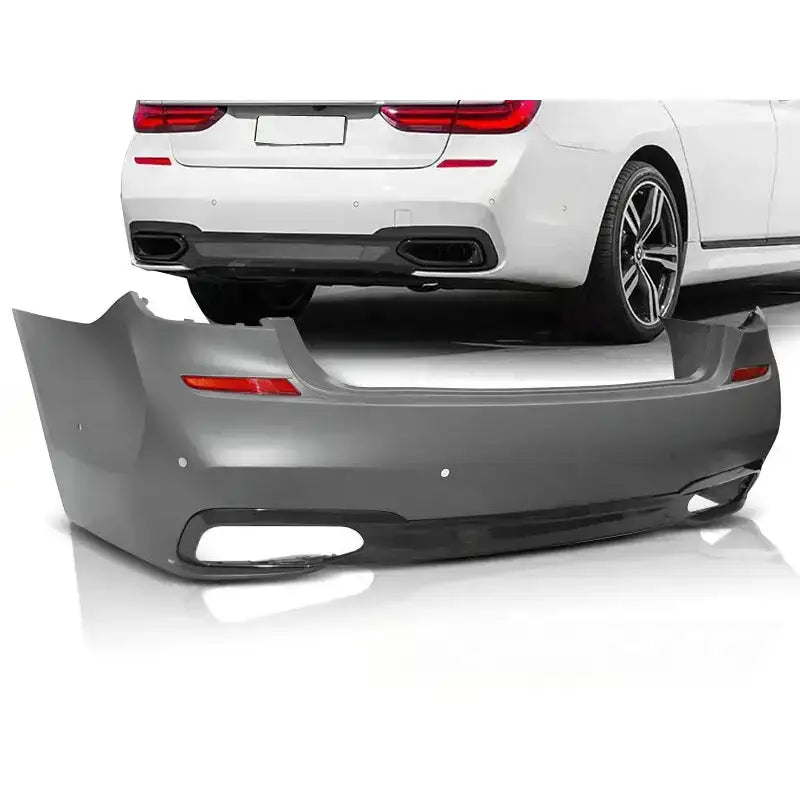 Støtfanger bak Bmw G11/G12 15-18 M-Tech Style PDC i grå plast med eksosutskjæringer og refleksdetaljer.