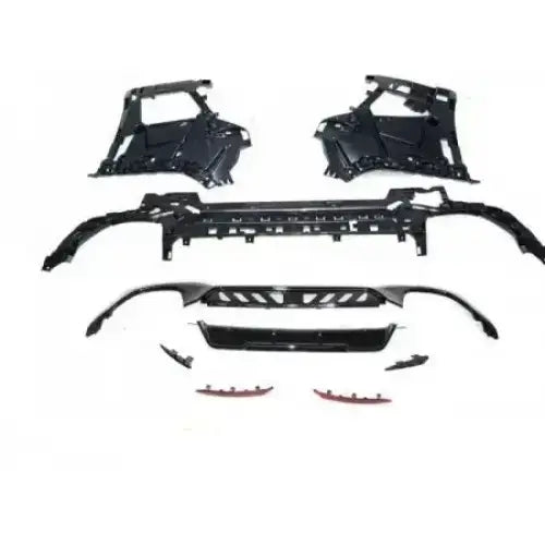 Bakstøtfanger sett til BMW G20 19- M-Performance i glossy sort, alle deler vist separat mot hvit bakgrunn.