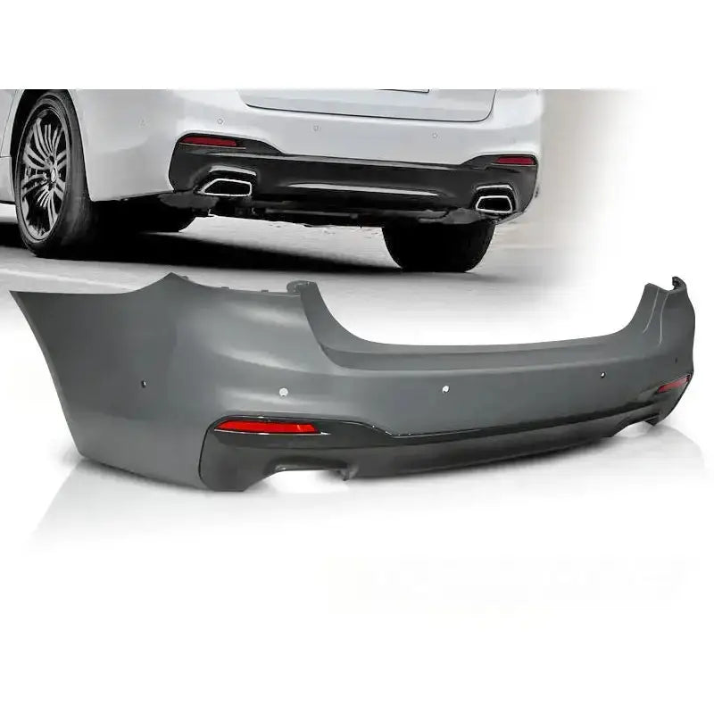 Støtfanger bak BMW G30 17- M-Tech Style PDC i grå plast med refleksfelt og sensor-hull.