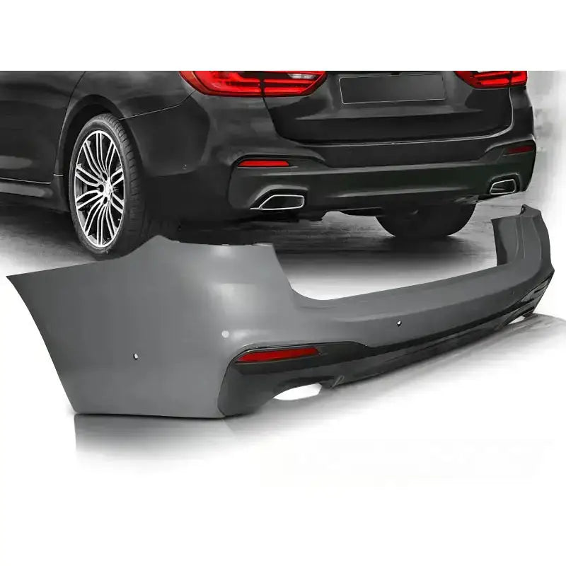 Støtfanger bak Bmw G31 17- M-Tech Style PDC i grå plast med rød refleks og eksosutsparing.