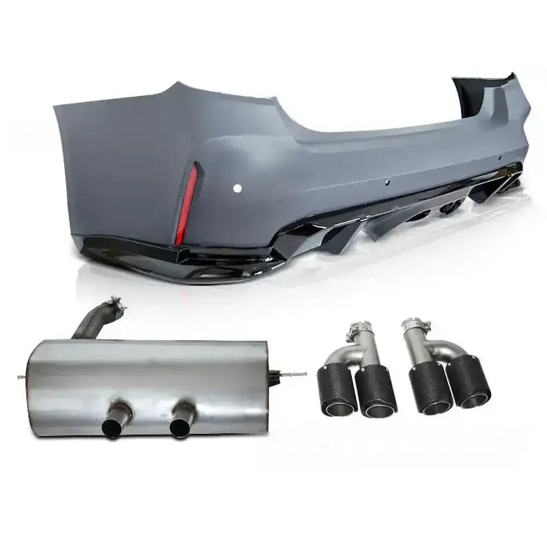 Støtfanger bak G80 Performance Style med eksos til BMW F30, matt grå med svarte detaljer og doble eksosstusser.