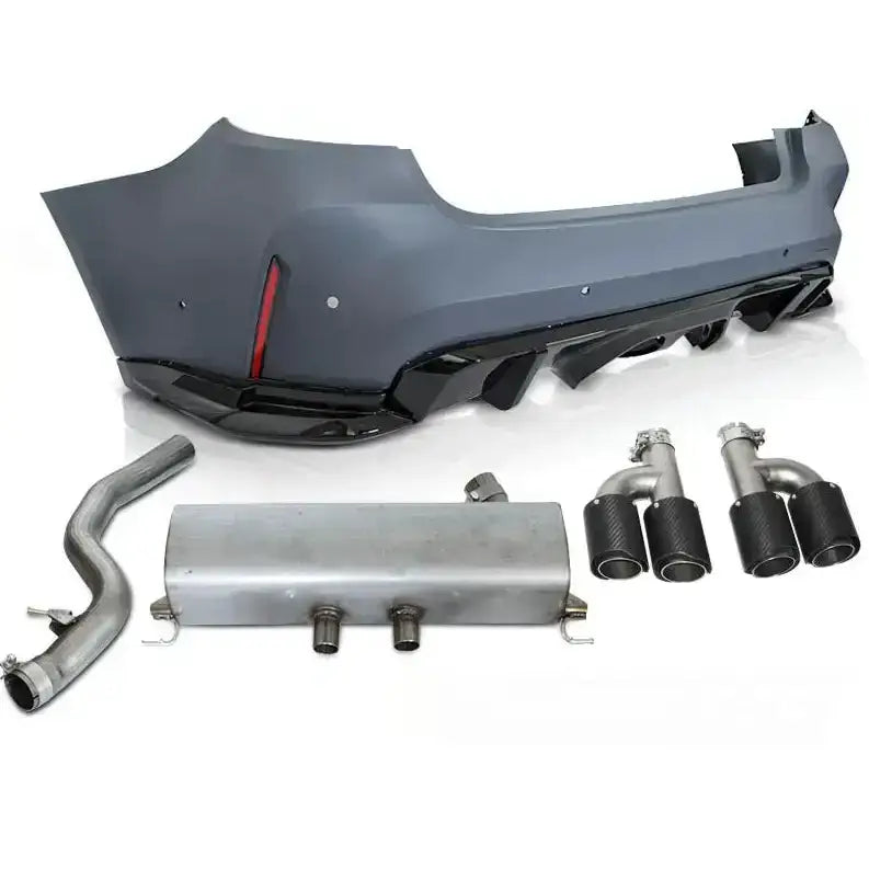 Støtfanger bak G80 Performance Style til BMW G20 sett bakfra med eksosanlegg og doble enderør.