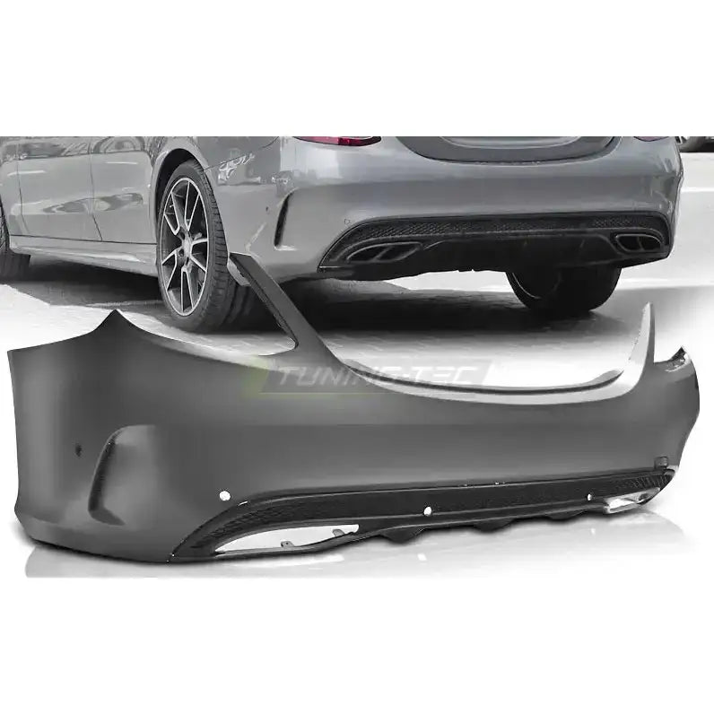 Støtfanger bak Mercedes W205 14-18 Sport PDC i sort plast montert på bil, sett fra skrå vinkel.