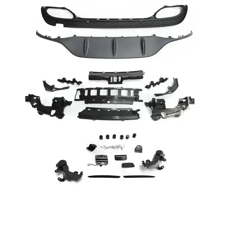 Bakstøtfanger Mercedes W205 14-18 Sport PDC komplett sett med svarte deler og monteringsutstyr mot hvit bakgrunn.