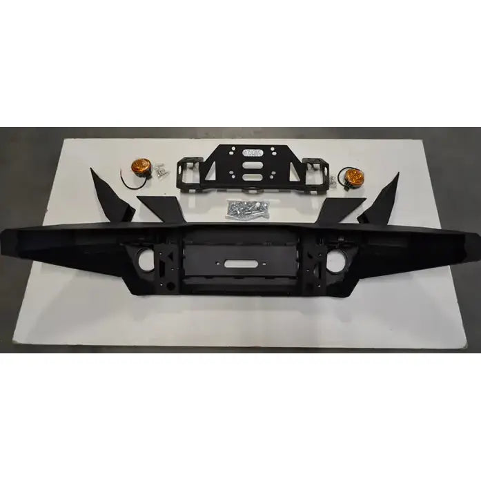 Frontfanger aluminium til Suzuki Jimny 2018-, sett ovenfra med monteringsdeler og oransje lykter.