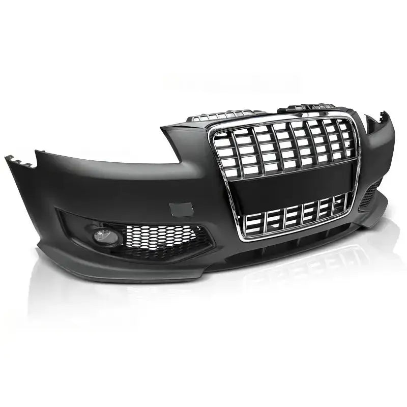 Støtfanger foran Audi A3 S8 Style Chrome med stor kromgrill, luftinntak og tåkelysåpning, sett skrått forfra.