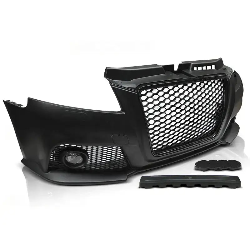 Støtfanger foran Audi A3 08-12 RS Style Black med bikubegrill og løse plastdeler, sett fra skrå vinkel.