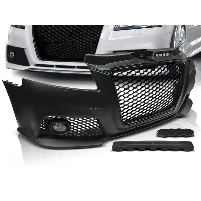 Frontfanger Audi A3 08-12 RS Style Black med bikubemønstret grill og løse deler, sett fra skrå vinkel.