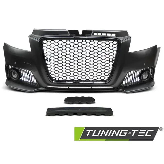 Front bumper til Audi A3 08-12 RS Style Black med bikubemønstret grill og svarte detaljer, sett forfra.