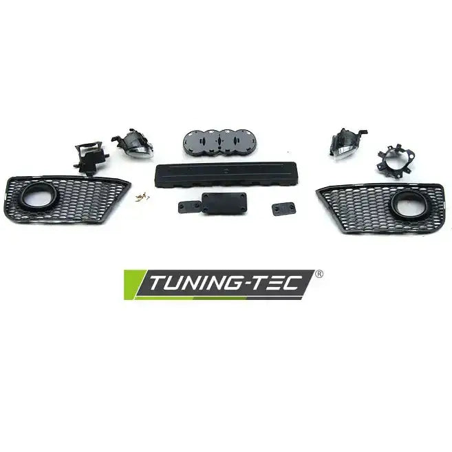 Frontbumper Audi A3 08-12 RS Style Black med grillgitter, emblemholder og fester på hvit bakgrunn.