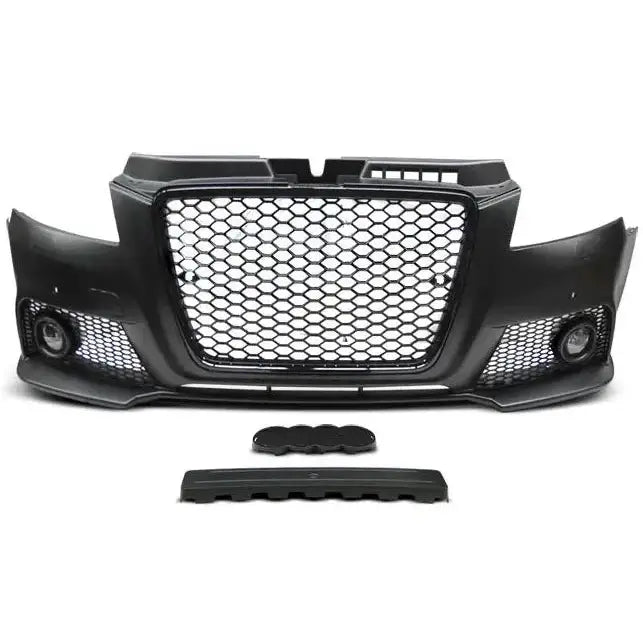 Front bumper Audi A3 08-12 RS Style Black med bikubemønstret grill og separate svarte plastdeler.