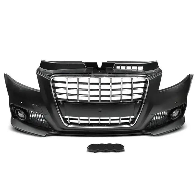 Frontfanger Audi A3 08-12 S8 Style Chrome Black med sølvgrill og felt for tåkelys, sett forfra.