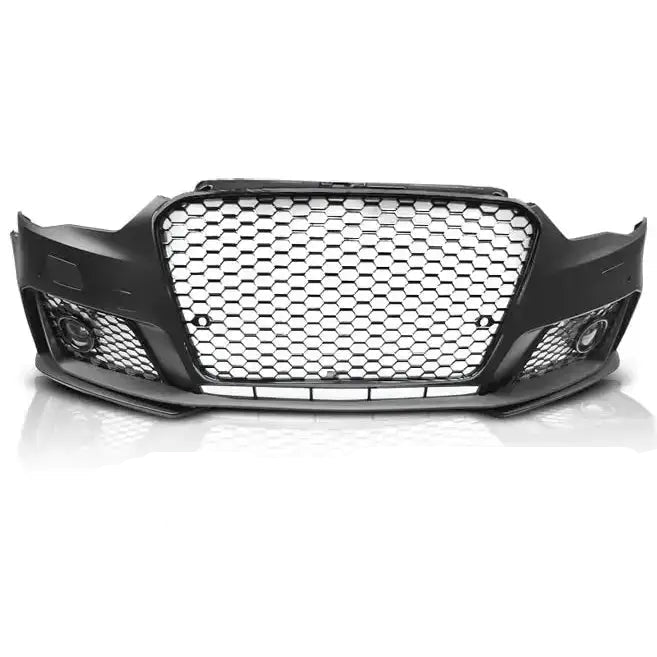 Front bumper Audi A3 12-16 RS3 Style i sort høyglans, bikubemønstret grill og store luftinntak.