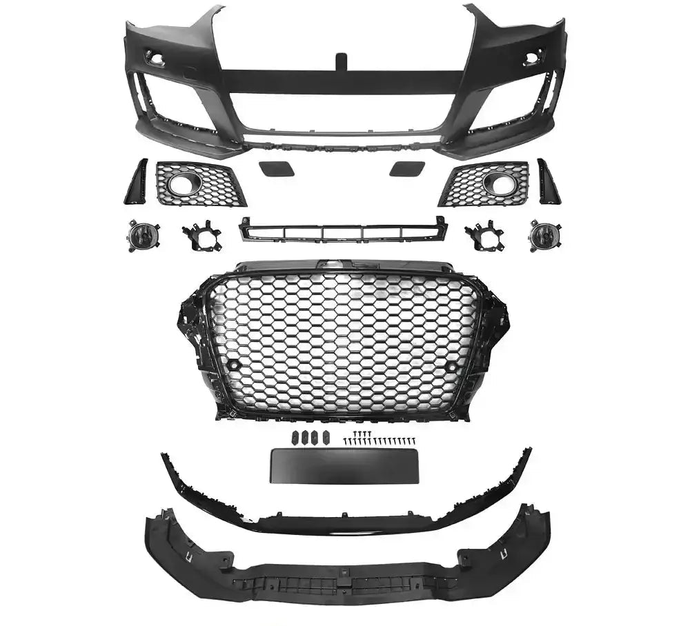 Frontfanger Audi A3 12-16 RS3 Style Glossy Black komplett sett med grill, luftinntak og monteringsdeler.