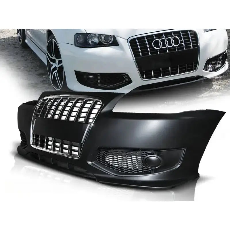 Støtfanger foran Audi A3 96-03 S-Line Style Chrome i sort plast med stor kromgrill, vist foran hvit bil.