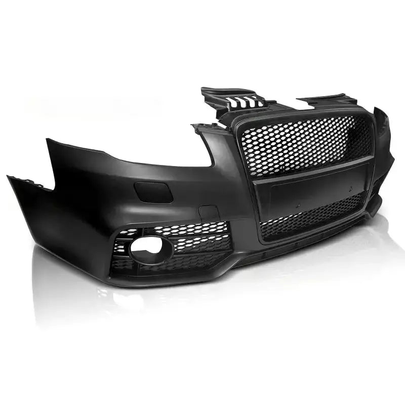 Støtfanger foran Audi A4 04-08 RS Style Black med stor nettinggrill og åpning til tåkelys, skrå front.