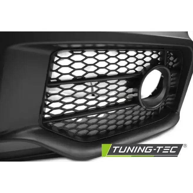 Front bumper Audi A4 04-08 S-Line sort grill med bikubemønster og rundt hull, nærbilde fra skrå vinkel.