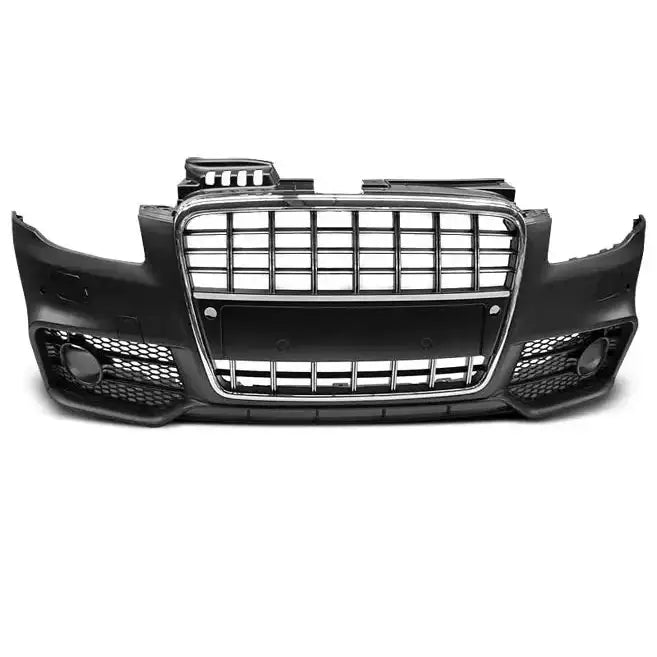 Frontfanger Audi A4 04-08 S-Line i sort med kromgrill, sett rett forfra med utsparinger for tåkelys.
