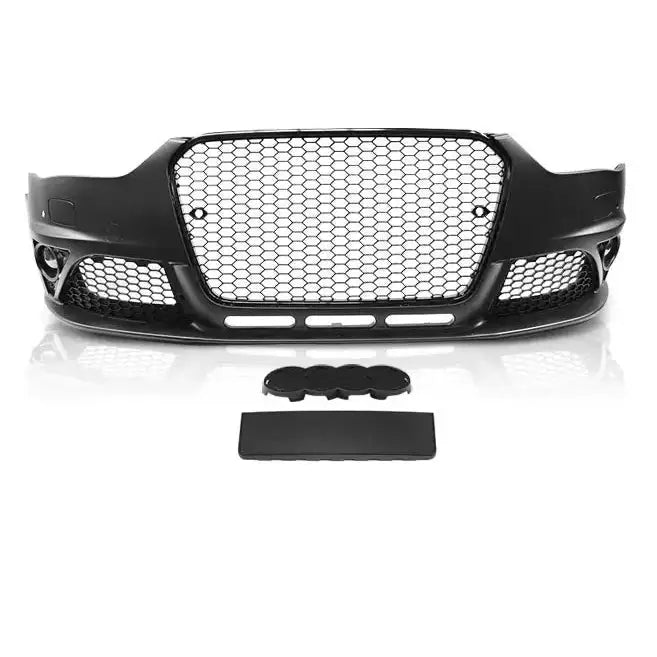 Frontfanger Audi A4 B8 RS Style Black med sekskantet netting og to løse deksler foran på hvit bakgrunn.