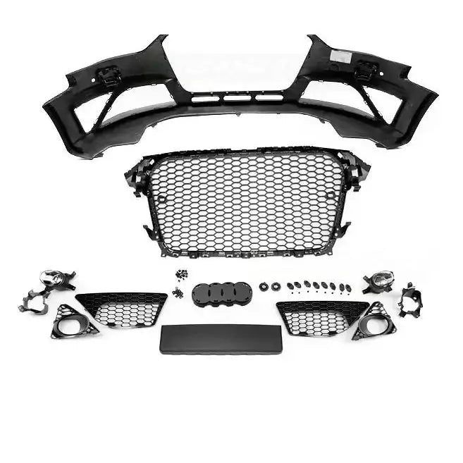Frontfanger Audi A4 B8 RS Style Black med sekskantet grill og tilbehør sett ovenfra på hvit bakgrunn.