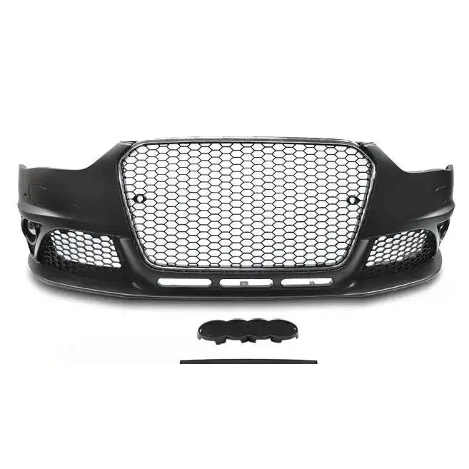 Frontfanger Audi A4 B8 RS Style sort grill med bikakemønster og to svarte plastdeler foran.
