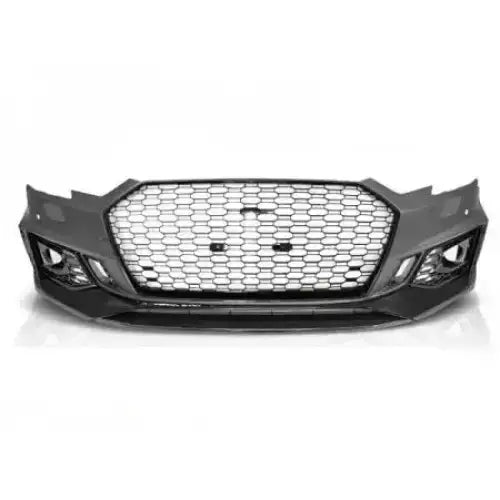 Frontfanger Audi A4 B9 RS4 Style i sort plast med sekskantet grill og åpninger for tåkelys, sett forfra.