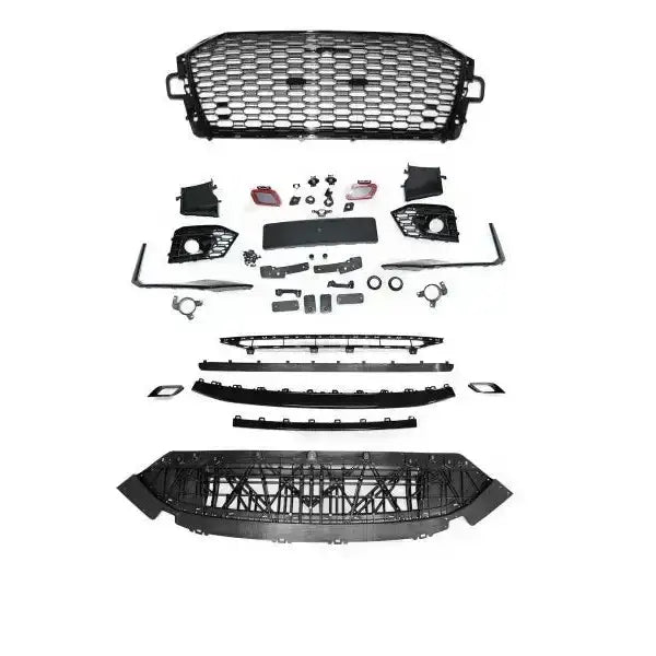 Frontbumper Audi A4 B9 RS4 Style komplett sett med rister, braketter og monteringsutstyr sett ovenfra.