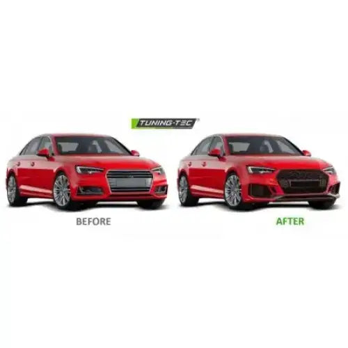 Støtfanger foran Audi A4 B9 sammenlignet, venstre med original grill og høyre med sort RS4 Style grill.