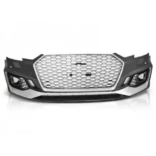 Frontfanger Audi A4 B9 RS4 Style med sort sekskantet grill, kromdetaljer og utskjæringer for tåkelys.