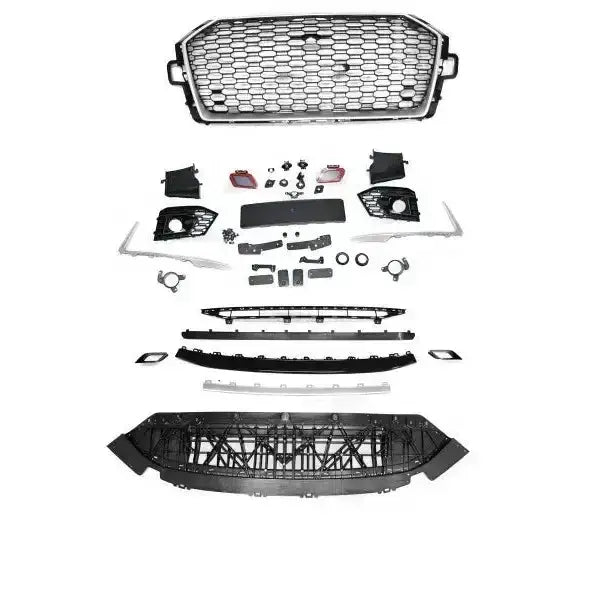 Front bumper Audi A4 B9 RS4 Style sølv og svart, alle deler utlagt mot hvit bakgrunn.