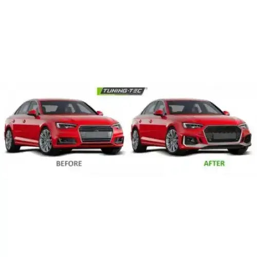 Frontbumper Audi A4 B9 sammenligning av original og RS4 Style grill på to røde biler, sett forfra.