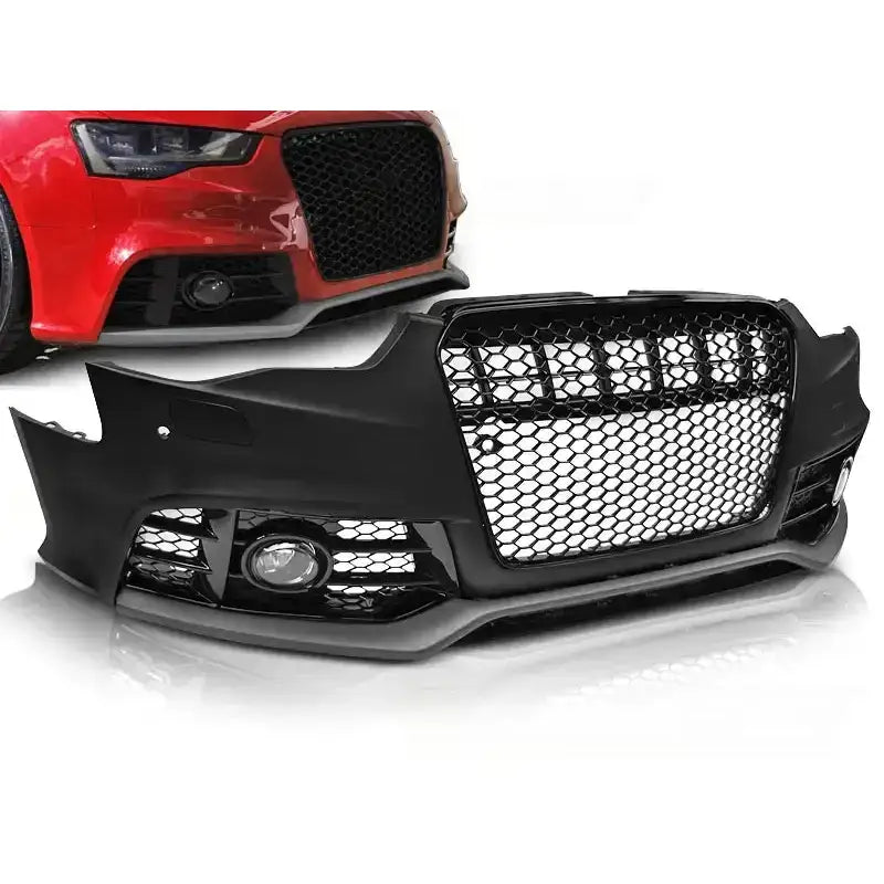 Støtfanger foran Audi A5 11-16 RS5 Style Black med bikubemønstret grill, sett forfra.