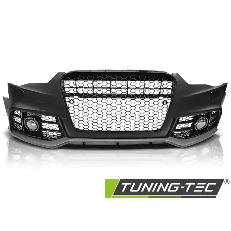 Front bumper Audi A5 11-16 RS5 Style Black med bikubemønstret grill og store luftinntak sett forfra.