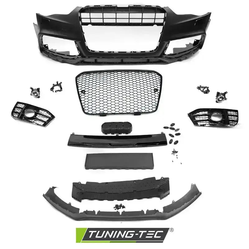 Frontbumper Audi A5 11-16 RS5 Style Black PDC sett med gitter og monteringsdeler sett ovenfra.