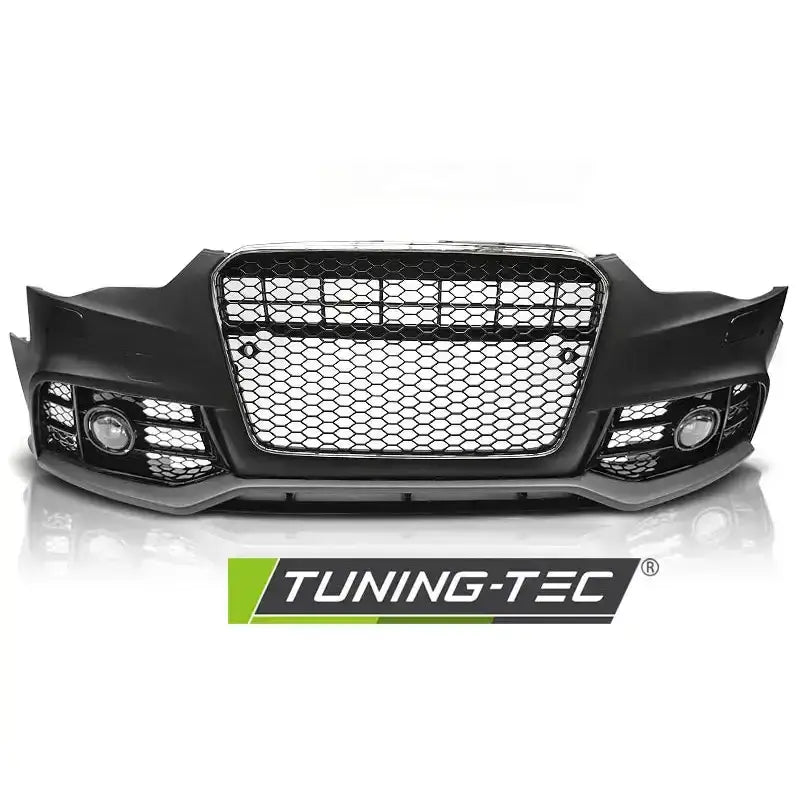 Front bumper Audi A5 11-16 RS5 Style i sort med kromdetaljer og bikubemønstret grill, sett forfra.