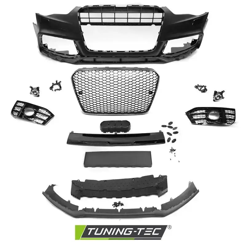 Frontbumper Audi A5 11-16 RS5 Style sett med sort grill og støtfanger, komponenter vist separat.