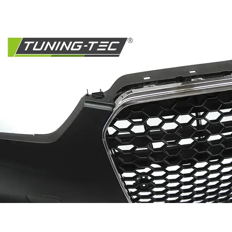 Frontfanger Audi A5 11-16 RS5 Style i sort med sekskantet grill og kromkant, Tuning-Tec-logo synlig.