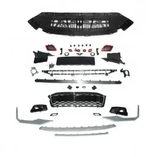 Front bumper Audi A5 18- Sport Chrome Silver PDC med alle deler lagt ut organisert på hvit bakgrunn.