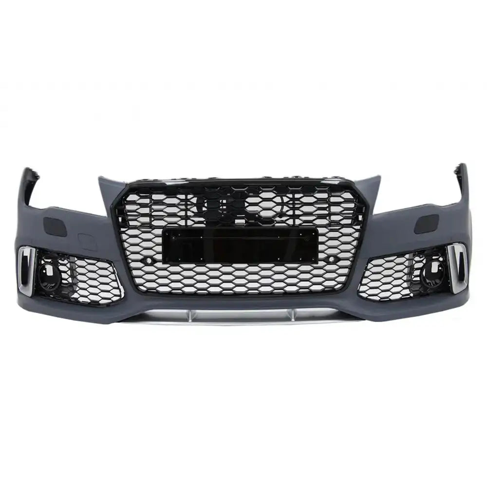 Støtfanger foran Audi A7 10-14 i matt grå plast med sort grill og sølvdetaljer, sett rett forfra.