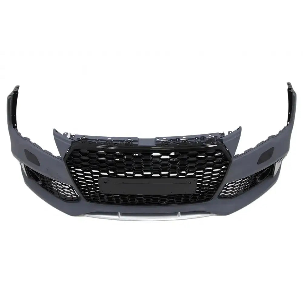 Front bumper for Audi A7 10-14 i mattgrå plast med sort bikakemønstret grill og nummerskiltfeste.