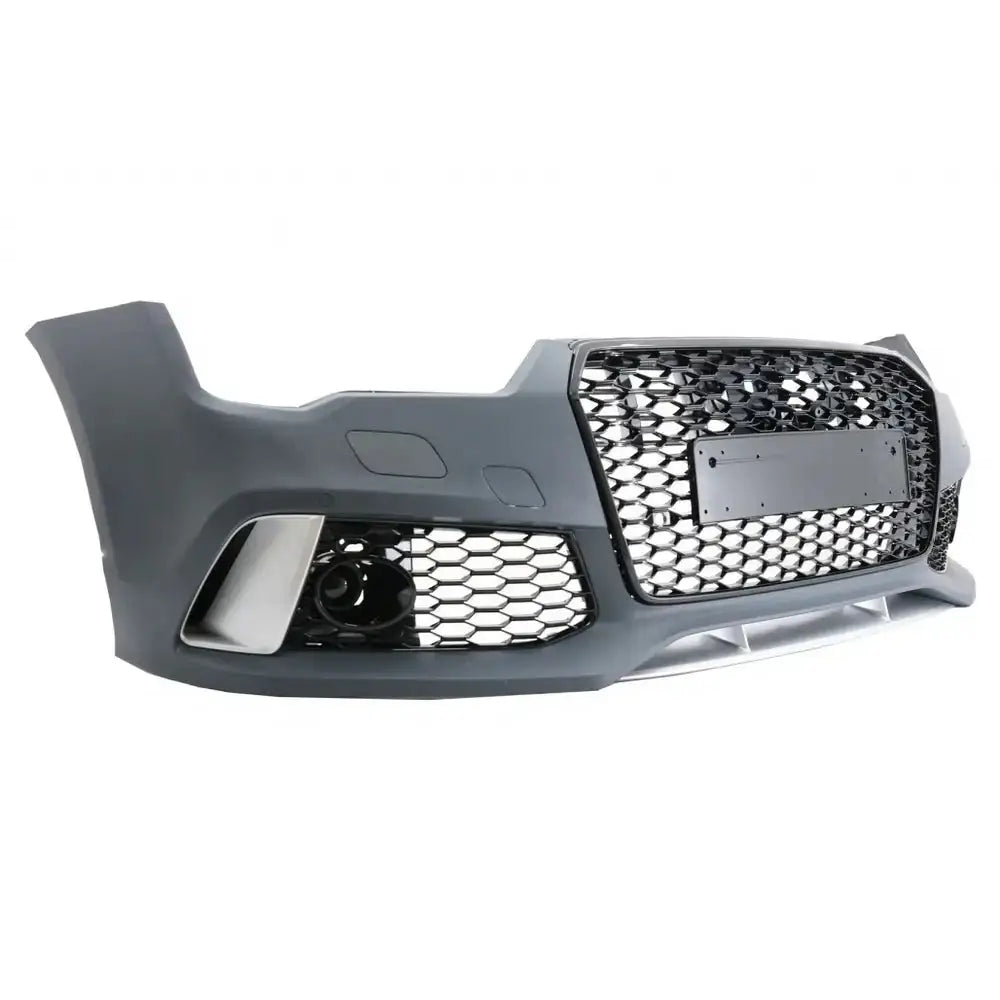Frontfanger Audi A7 14-17 i matt grå plast med sort bikubemønstret grill, sett fra skrå vinkel.