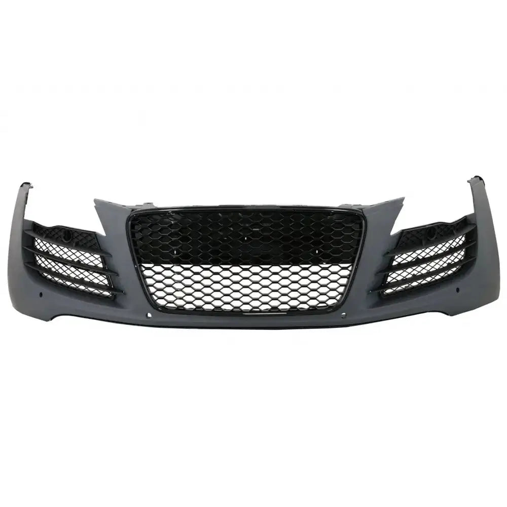Støtfanger foran Audi R8 06-15 i sort plast med bikubemønstret grill og synlige luftinntak.