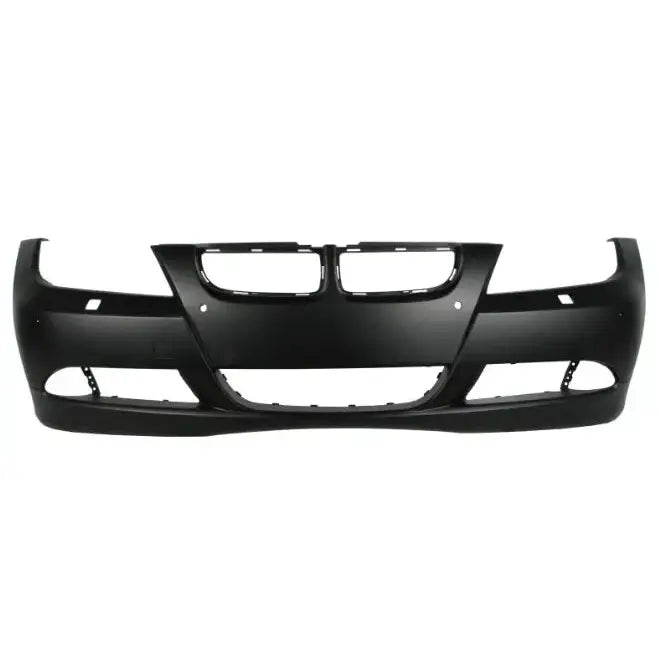 Støtfanger foran til BMW 3 E90/E91 2004-2008, sort plast med åpninger til lykter og grill, sett forfra.