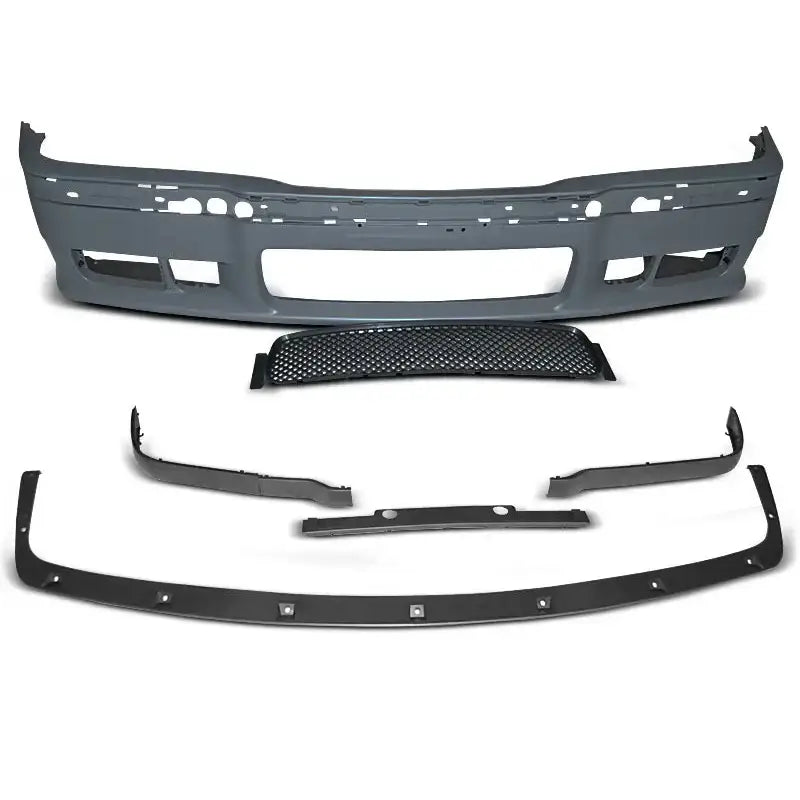 Frontbumper for Bmw E36 M3 Style, komplett sett med grill og spoilere vist ovenfra på hvit bakgrunn.