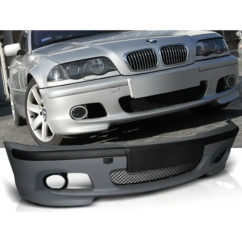 Støtfanger foran til BMW E46 05.98-03.05 S/T M-Pack med netting og hull til tåkelys, sett fra fronten.