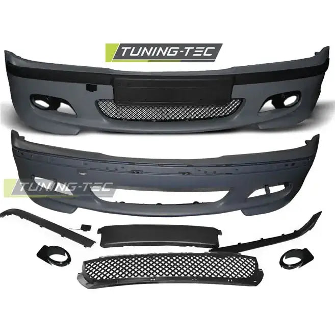 Front bumper til BMW E46 05.98-03.05 M-Pack, grå med svarte detaljer, vist demontert med gitter.