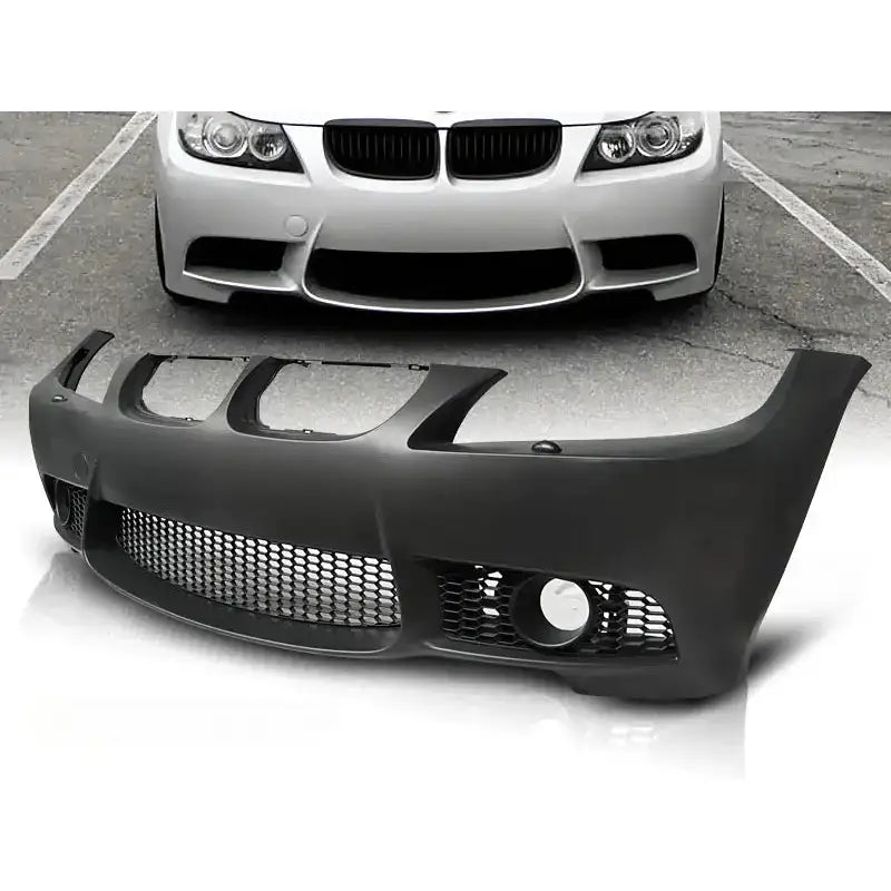 Støtfanger foran til BMW E90 E91 M3 Style, sort plast med nettingdetaljer, sett fra skrå vinkel.