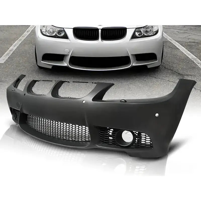 Støtfanger foran BMW E90 E91 M3 Style PDC i sort plast med store luftinntak og gitterdetaljer.